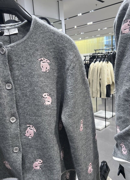 Grey Rabbit Embroidery Knit Cardigan