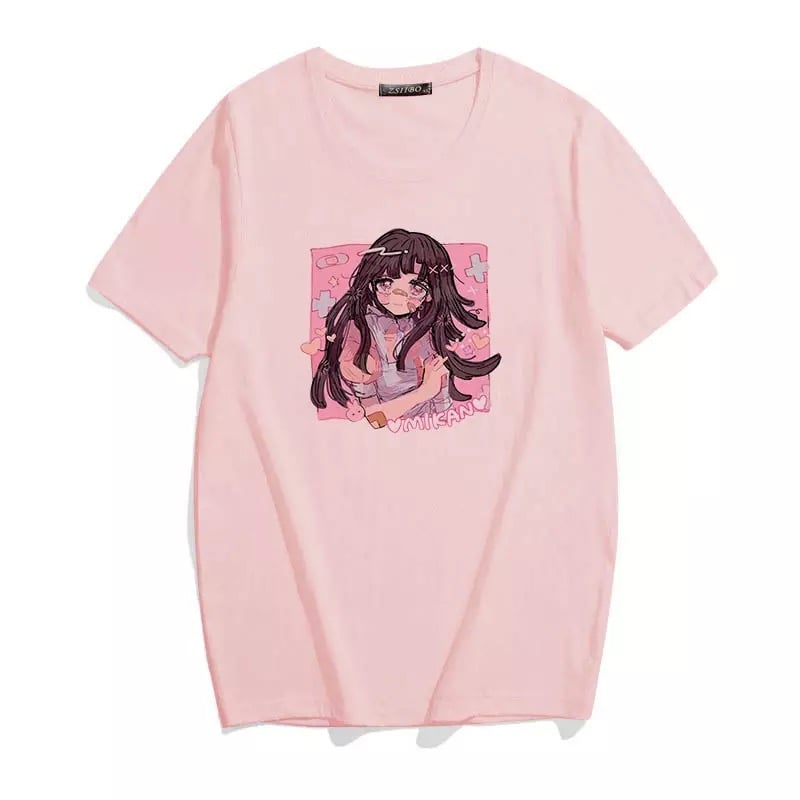 Cute Sweet Vintage Black Anime Girl Cartoon Print Short Sleeve Shirt Oversize Loose T-shirt Top Goth E-Girl Kawaii Korean Japanese Harajuku Streetwear