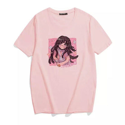 Cute Sweet Vintage Black Anime Girl Cartoon Print Short Sleeve Shirt Oversize Loose T-shirt Top Goth E-Girl Kawaii Korean Japanese Harajuku Streetwear