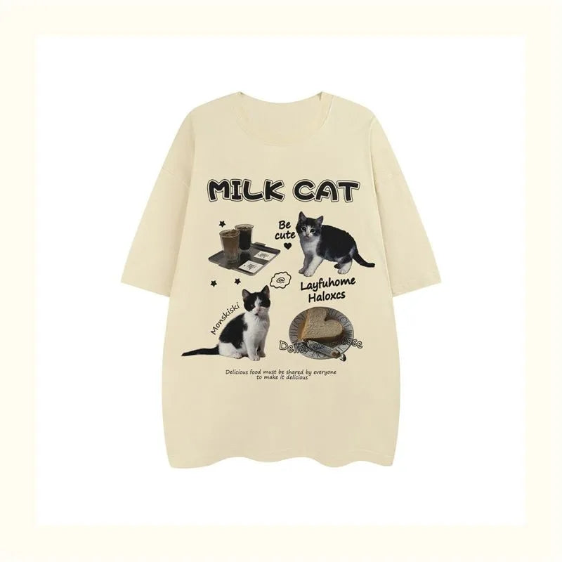 Cat Milk Cartoon Print Short Sleeve T-shirt