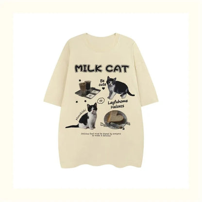Cat Milk Cartoon Print Short Sleeve T-shirt