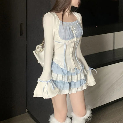 2PCS Blue Japanese Blouse + Vintage Mini Skirt