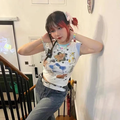Cat Print Patchwork Short Sleeve T-shirt