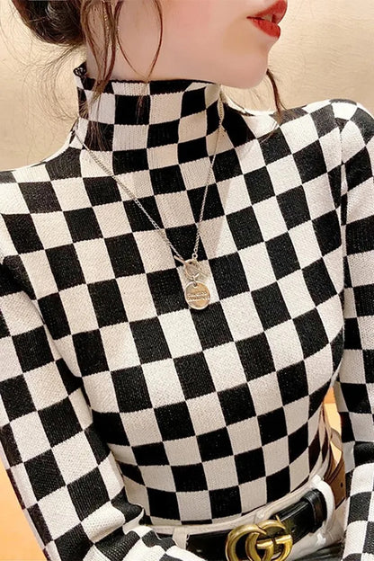 Black & White Checkered Turtleneck Long Sleeve Shirt