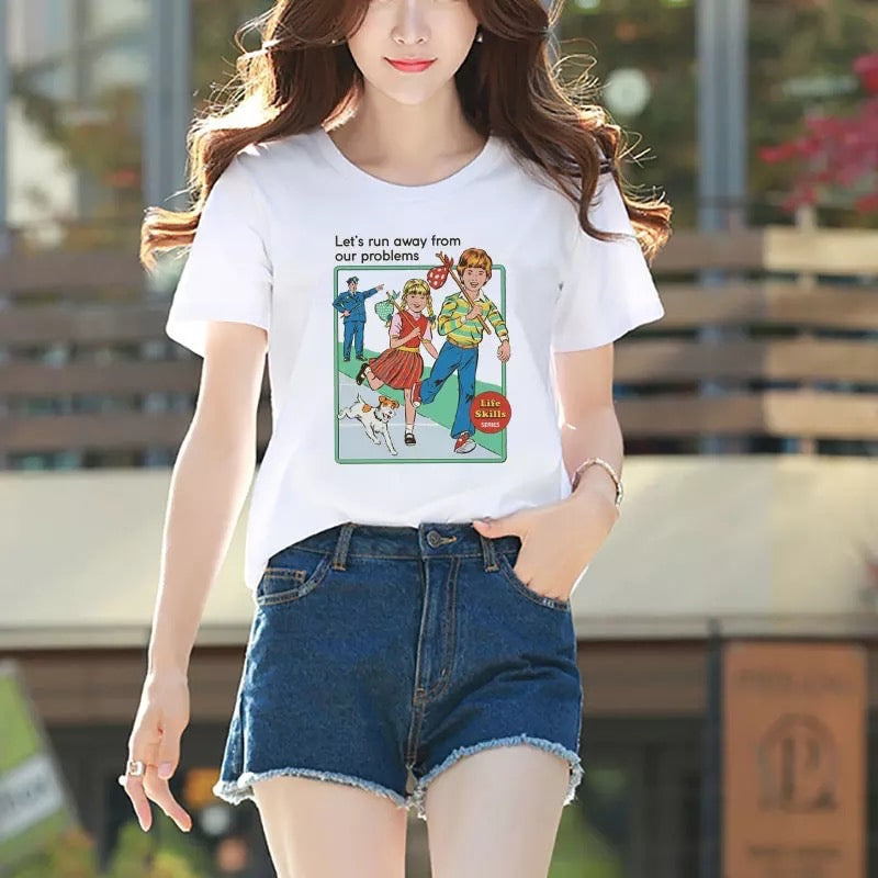 Cute Funny Cartoon Vintage Punk Print Short Sleeve Shirt T-shirt Tee Top Kawaii Korean Japanese Harajuku Chinese Retro Streetwear Aesthetic Fashion