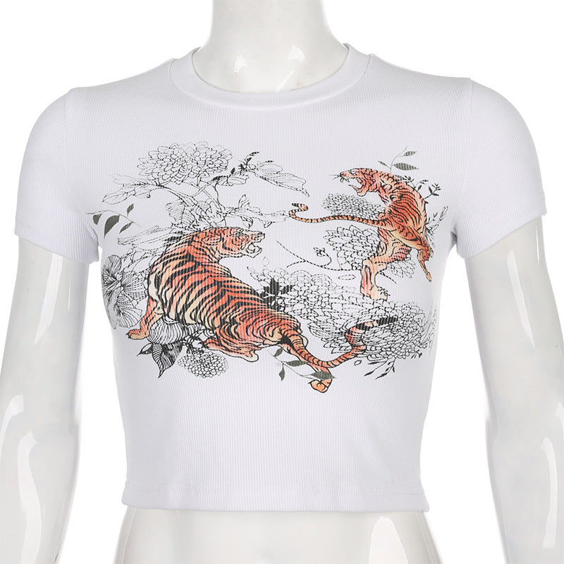 Cute Sexy Tiger Vintage Ribbed Print Graphic Crop Top Shirt Tee T-shirt E-Girl Kawaii Korean Japanese Harajuku Chinese Retro Streetwear Aesthetic