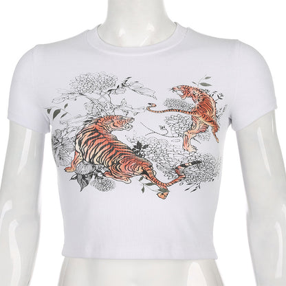 Cute Sexy Tiger Vintage Ribbed Print Graphic Crop Top Shirt Tee T-shirt E-Girl Kawaii Korean Japanese Harajuku Chinese Retro Streetwear Aesthetic