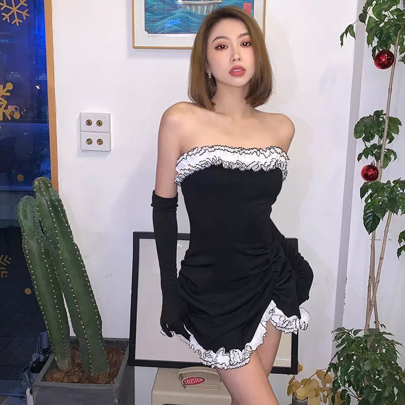 Sexy Sweet Black Lace Ruffles Strapless ,Mini Dress Party Club Summer Aesthetic Casual E-Girl Kawaii Korean Japanese Harajuku