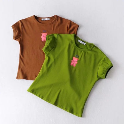 Cute Sweet Bear Cartoon Print Crop Top Short Sleeve Shirt Tee T-shirt E-Girl Kawaii Korean Japanese Harajuku Chinese Retro Streetwear Aesthetic