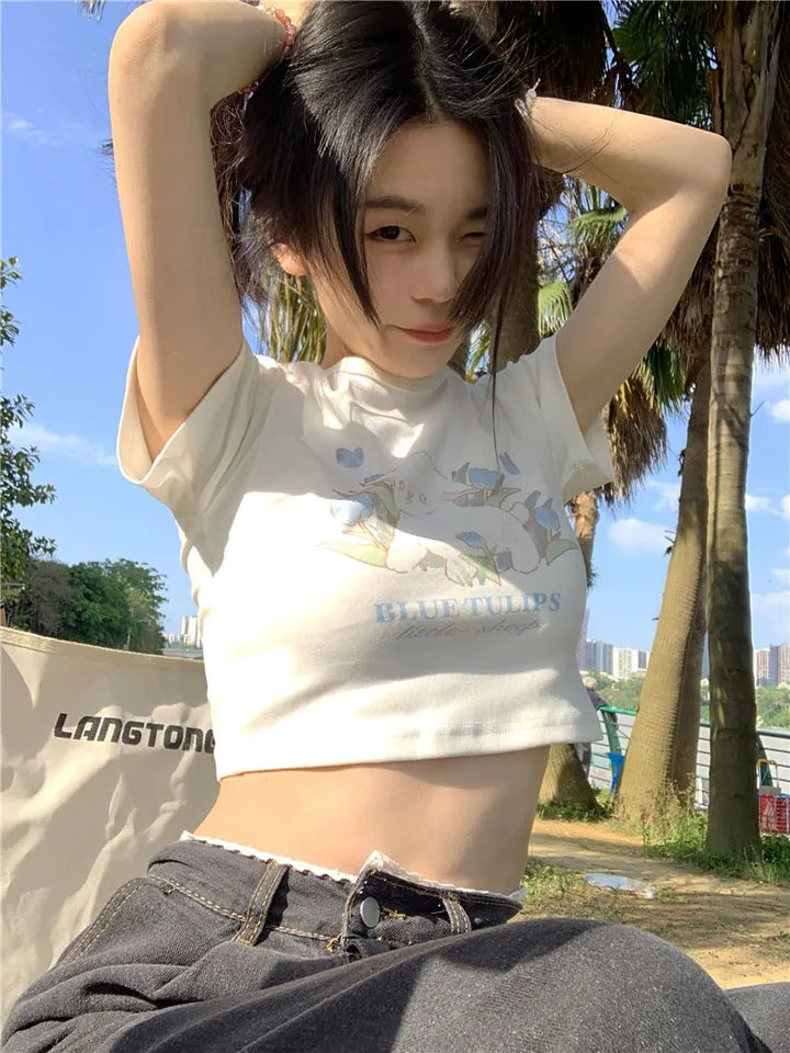 Blue Tulip Lamb Print Cropped Short Sleeve T-shirt