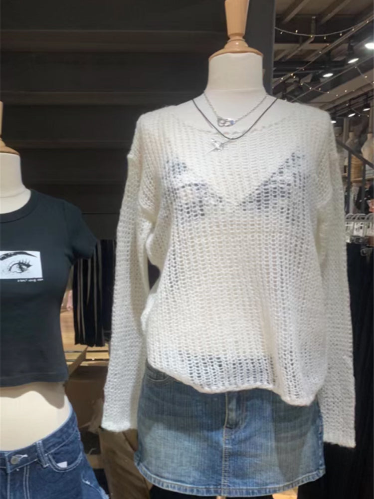 White Crochet See Through Sweater