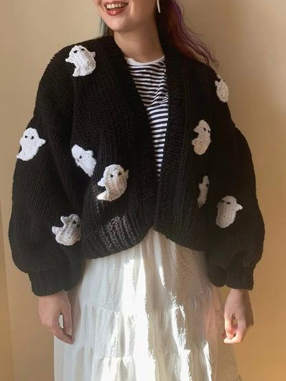 3D Black Ghost Crochet Sweater