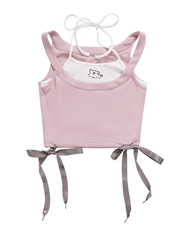 2PCS Dog Print Bow Tie Halter Top