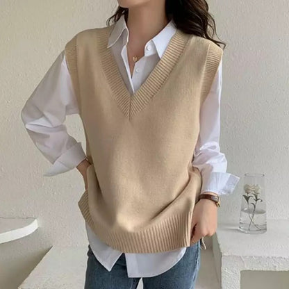 Cute Solid Simple V Neck Knit Vest Sleeveless Oversized Loose Sweater Sweatshirt Pullover Jumper E-Girl Kawaii Korean Japanese Harajuku Streetwear