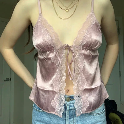 Lace Trim Bow Tie V Neck Camisole