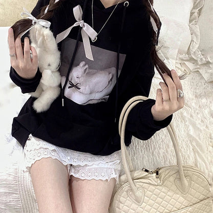 Black Rabbit Bow Loose Hoodie