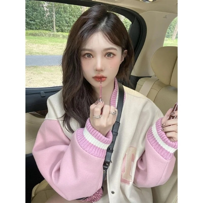 Pink Patchwork Oversized Varsity Jacket