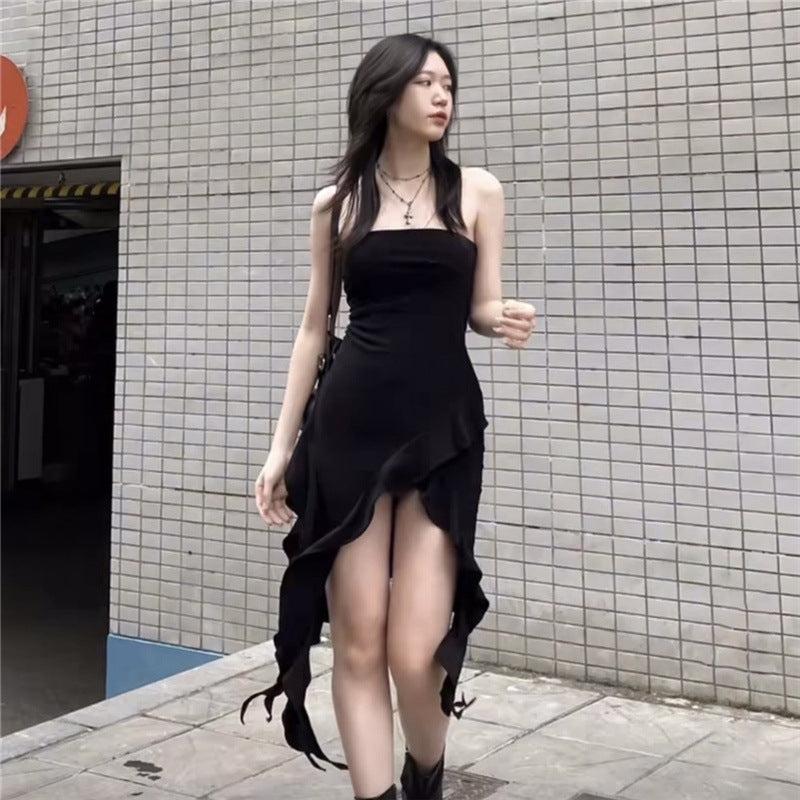 Black Irregular Backless Off Shoulder Dress