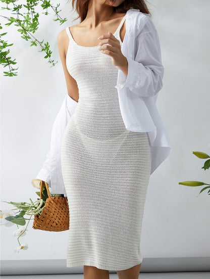 White Knit Spaghetti Strap Bodycon Mini Dress