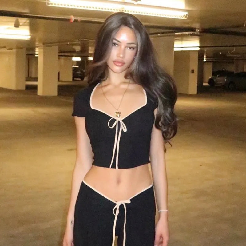 Black Crop Top With Pink Bow