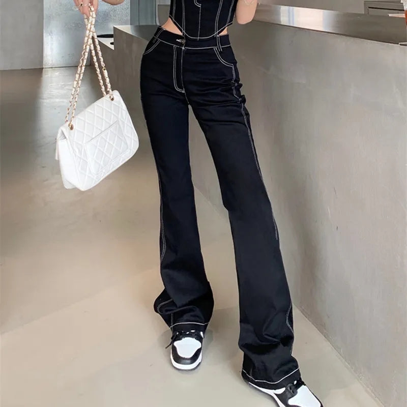 2PCS Black Denim Corset + Straight Flare Jeans