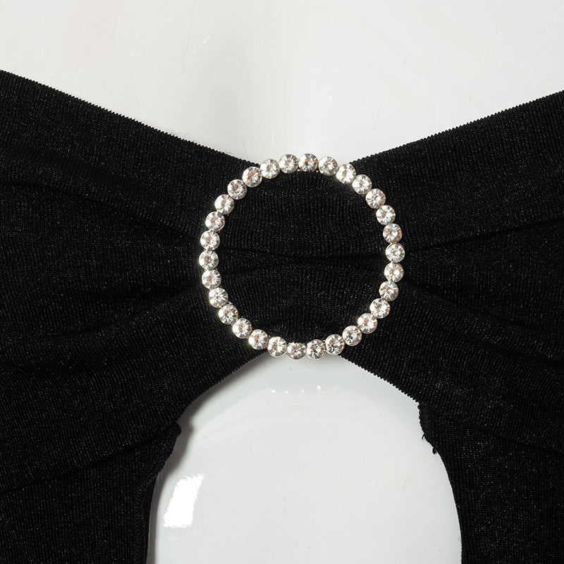 Black Lace Up Circle Rhinestone Halter Top