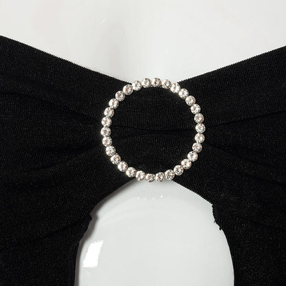 Black Lace Up Circle Rhinestone Halter Top