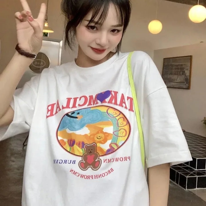 Cute Sweet Graffiti Bear Letter Print Short Sleeve Shirt Top Loose Oversize Aesthetic Casual Summer E-Girl Kawaii Korean Japanese Harajuku