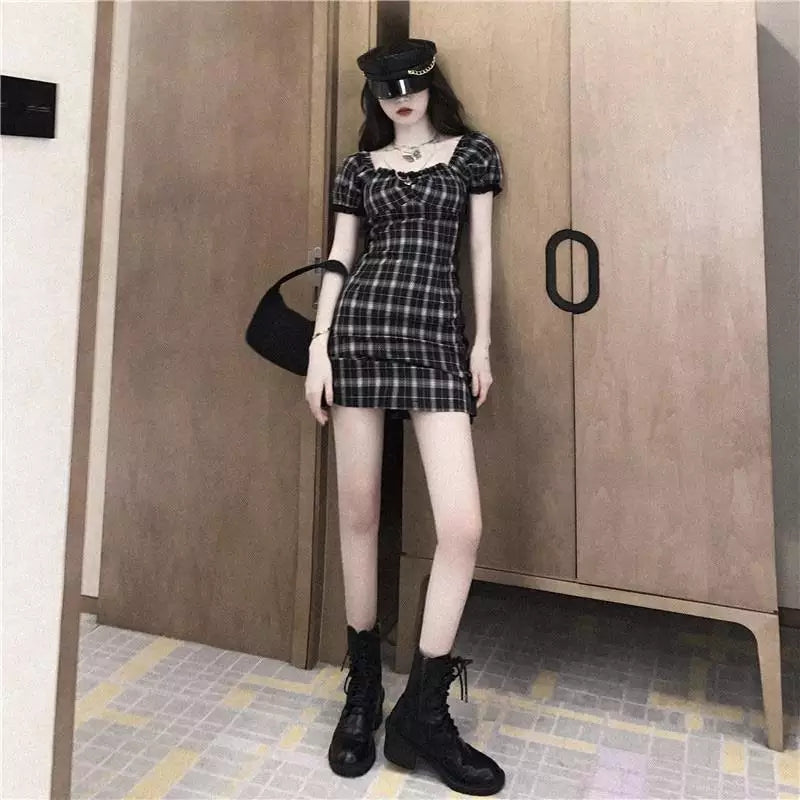 Cute Black White Plaid Puff Sleeve Square Collar Mini Dress Elegant Summer Aesthetic Casual E-Girl Kawaii Korean Japanese Harajuku