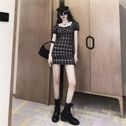 Cute Black White Plaid Puff Sleeve Square Collar Mini Dress Elegant Summer Aesthetic Casual E-Girl Kawaii Korean Japanese Harajuku