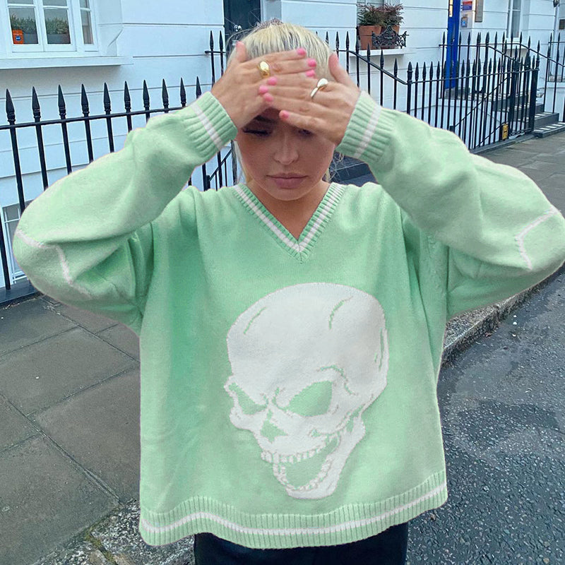 Skull Knit Oversized Loose Sweater Sweatshirt Long Sleeve Pullover Goth Punk Autumn Fall E-Girl Kawaii Korean Japanese Harajuku Streetwear