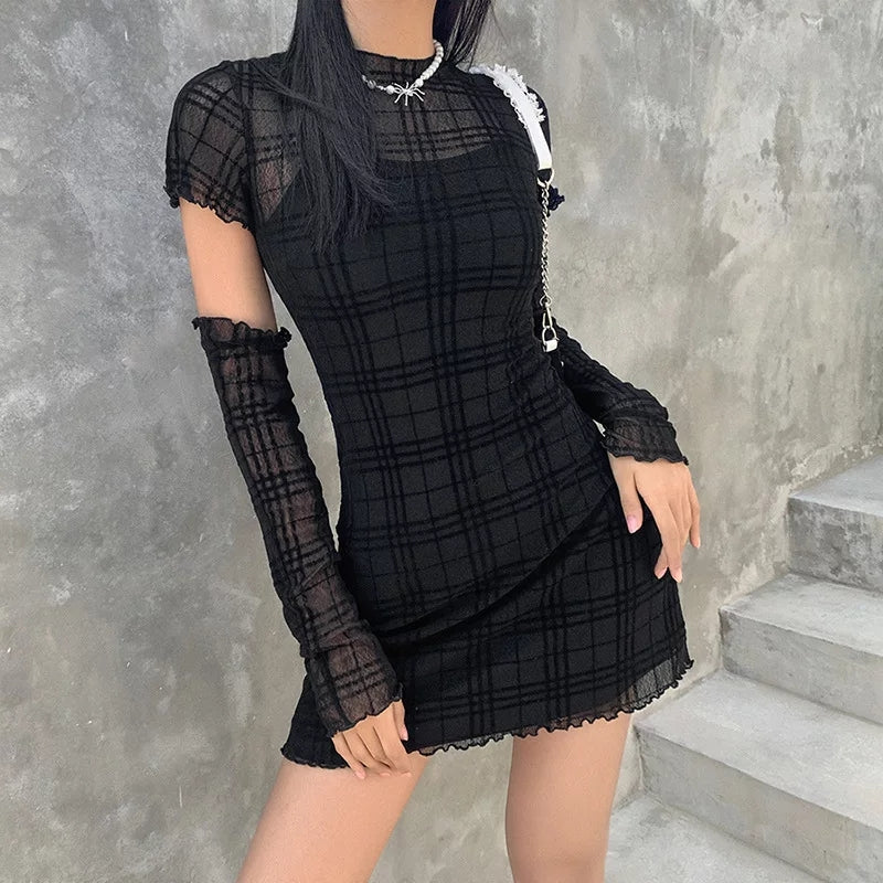 Cute Black Patchwork Plaid Detachable Sleeves Mini Dress Summer Aesthetic Casual E-Girl Kawaii Korean Japanese Harajuku