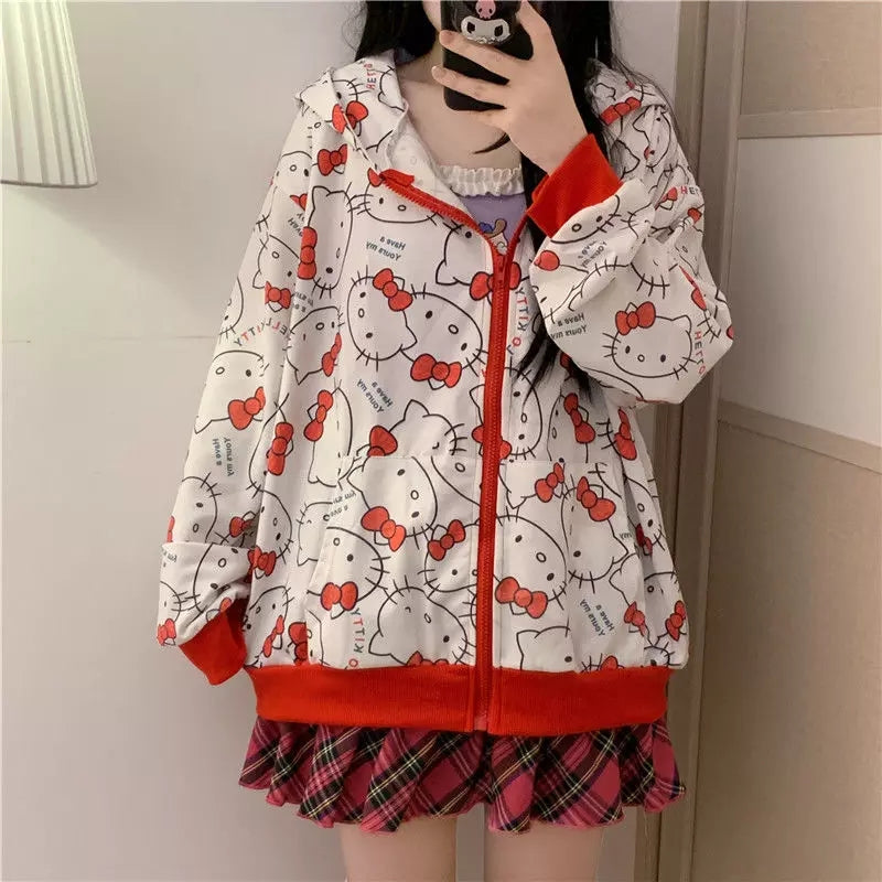 Cute Kitty Cat Cartoon Print Oversized Zipper Hoodie Sweatshirt Long Sleeve Pullover Aesthetic Casual Summer E-Girl Kawaii Korean Japanese Harajuku