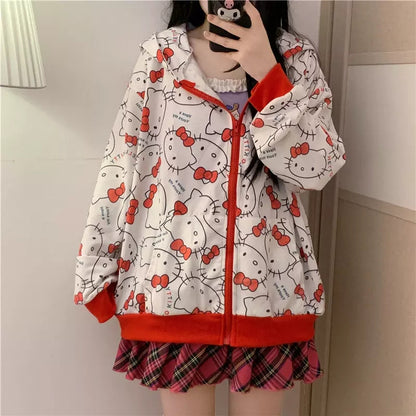 Cute Kitty Cat Cartoon Print Oversized Zipper Hoodie Sweatshirt Long Sleeve Pullover Aesthetic Casual Summer E-Girl Kawaii Korean Japanese Harajuku
