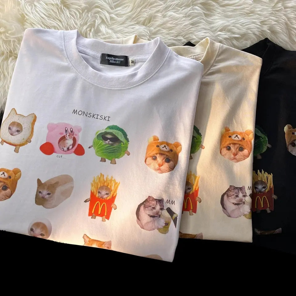 Funny Cat Meme Print Short Sleeve T-shirt