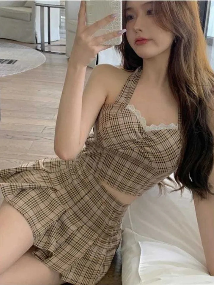 2PCS Plaid Lace Crop Top + Mini Skirt
