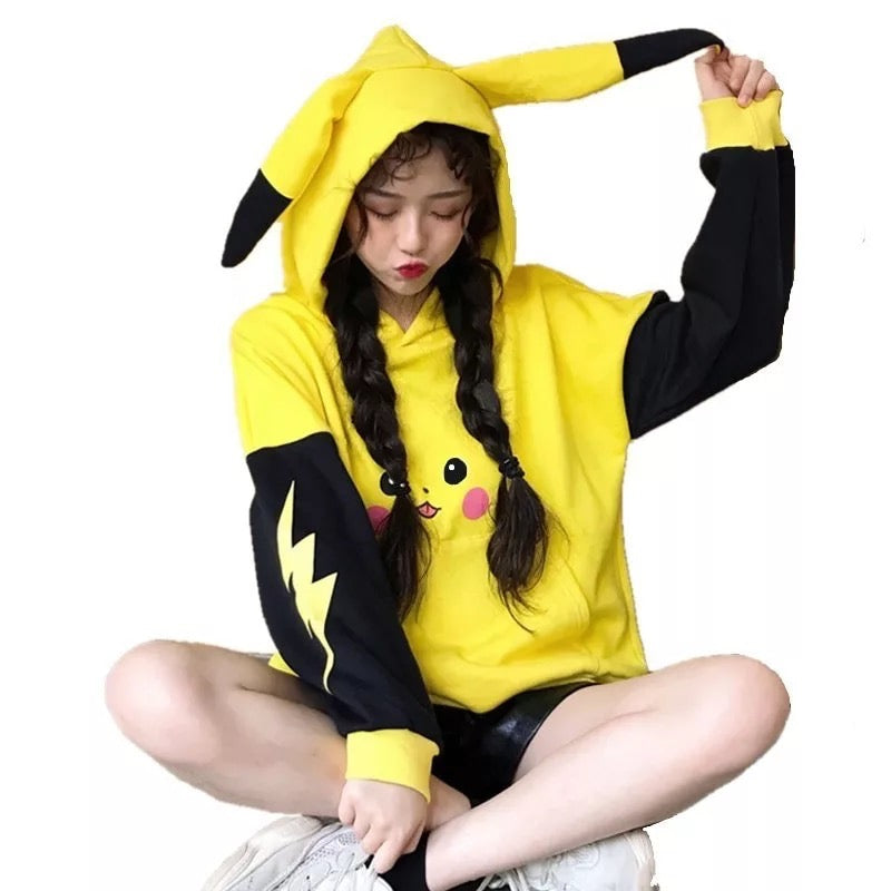 Cute Yellow Pikachu Anime Cartoon Long Ears Oversized Casual Hoodie Sweater Sweatshirt Pullover E-Girl Kawaii Korean Japanese Harajuku Streetwear