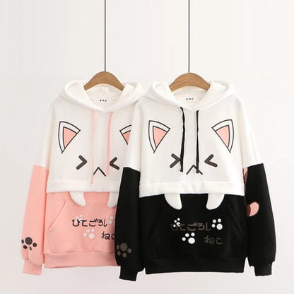 Cute Cat Kitten Ear Cartoon Print Funny Hoodie Long Sleeve Pullover Sweatshirt Aesthetic Casual E-Girl Kawaii Korean Japanese Harajuku