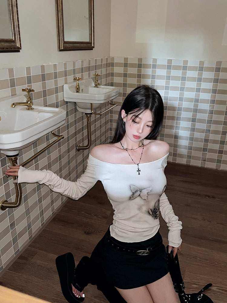 Butterfly Print Off Shoulder Long Sleeve Shirt