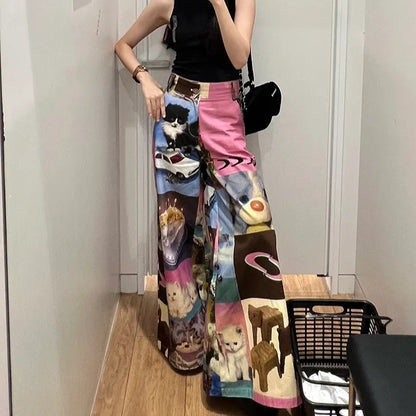 Cat Contrast Patchwork Wide Leg Trousers