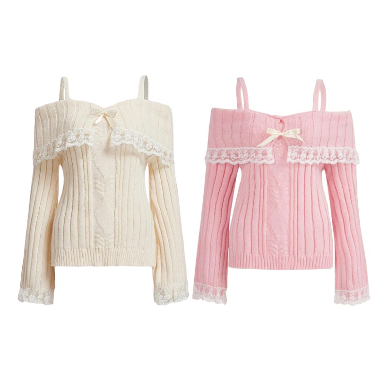 Pink Off Shoulder Bow Lace Sweater