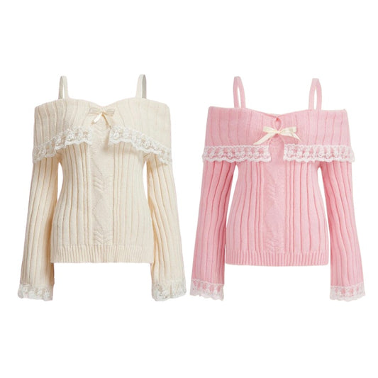 Pink Off Shoulder Bow Lace Sweater