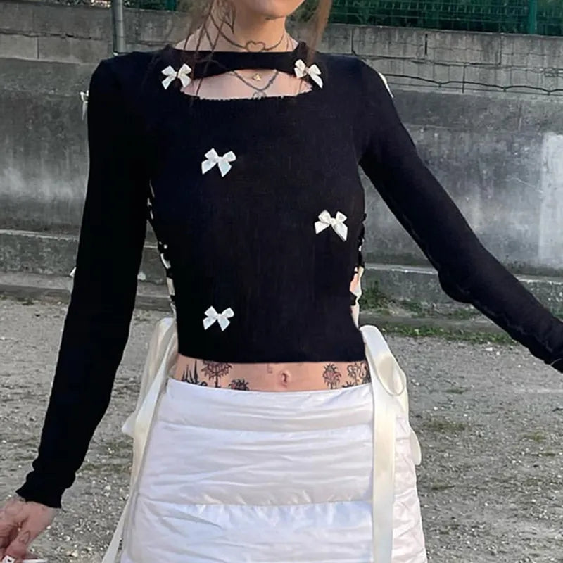 Black Bow Ribbon Hollow Out Knit Long Sleeve Shirt