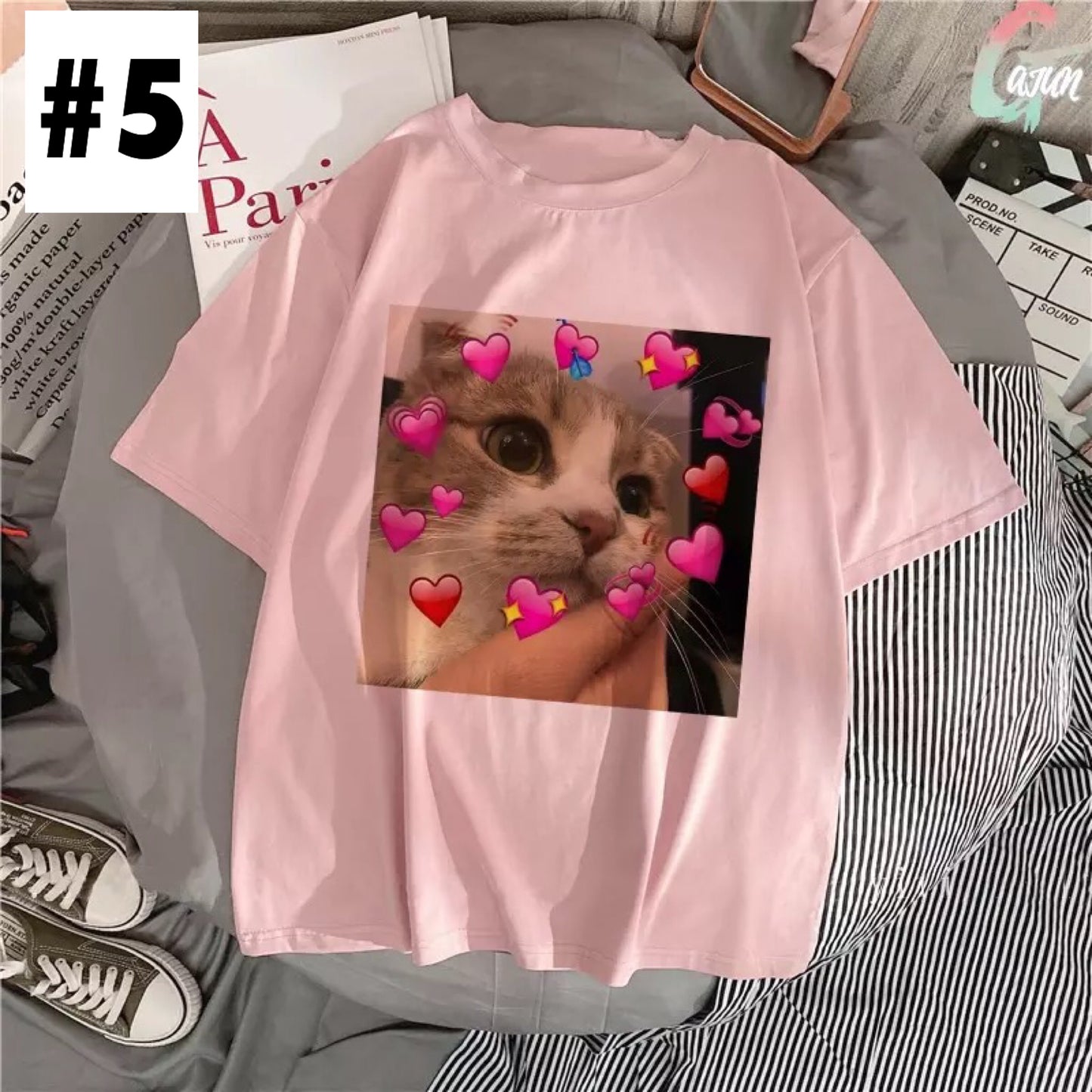 Cute Pink Funny Cat Kitten Meme Cartoon Print Loose Short Sleeve Short T-shirt Tee Top Summer Casual E-Girl Kawaii Korean Japanese Harajuku Streetwear