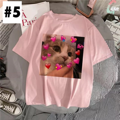Cute Pink Funny Cat Kitten Meme Cartoon Print Loose Short Sleeve Short T-shirt Tee Top Summer Casual E-Girl Kawaii Korean Japanese Harajuku Streetwear