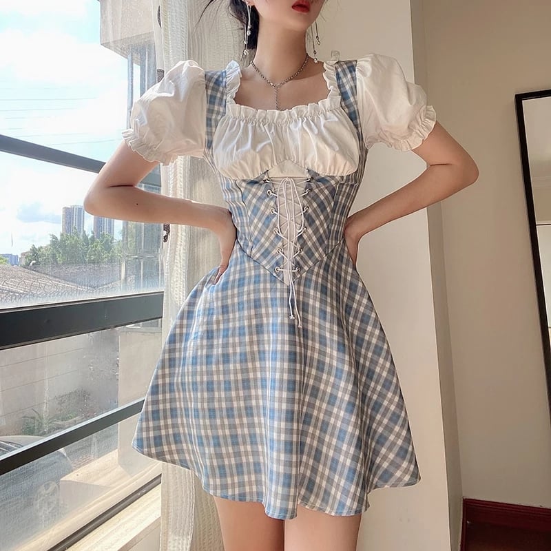 Cute Sweet Plaid Patchwork Lace Up Corset Ruffle Mini A-line Dress Summer Aesthetic Casual E-Girl Kawaii Korean Japanese Harajuku