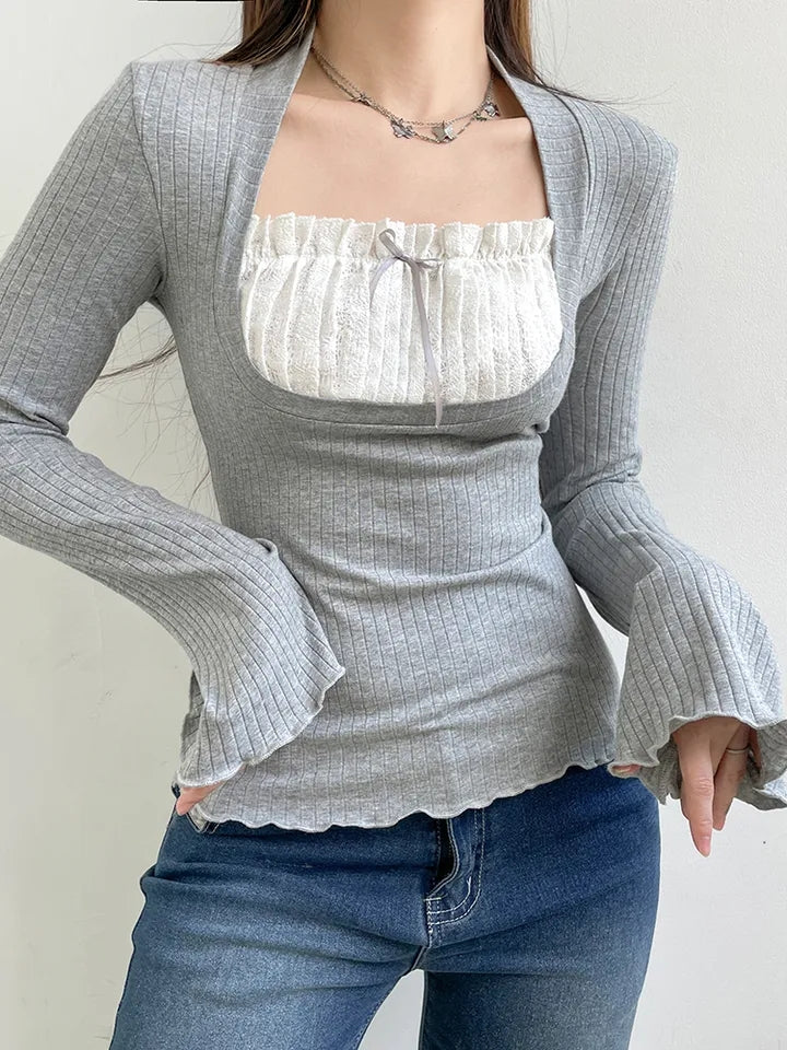 2PCS Milkmaid Patchwork Long Sleeve T-shirt