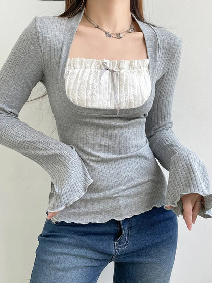 2PCS Milkmaid Patchwork Long Sleeve T-shirt