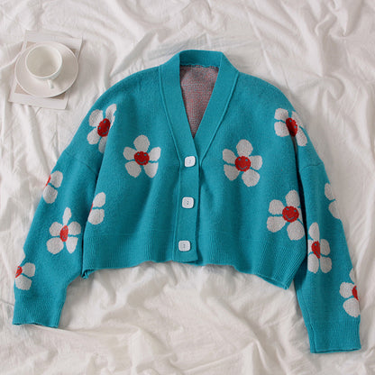 Cute Flower Preppy V Neck Loose Flower Knit Cardigan Sweater Korean Japanese Harajuku Chinese Streetwear Fashion