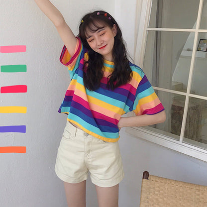 Cute Rainbow Colorful Stripe LGBT Pride Loose Oversized Short Sleeve Shirt Tee T-shirt E-Girl Kawaii Korean Japanese Harajuku Chinese Retro Streetwear